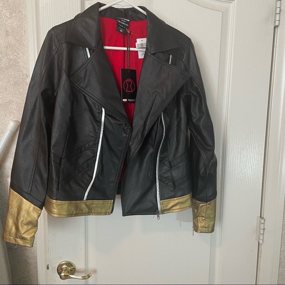 Her universe black widow faux leather jacket medium new
